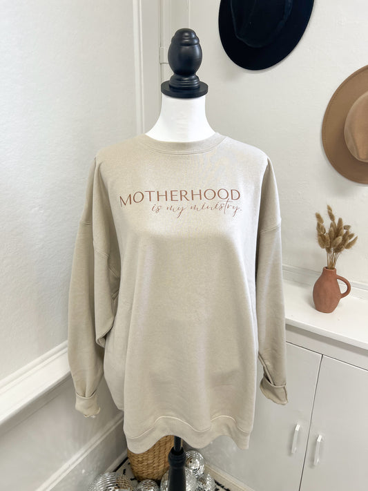 Motherhood is my ministry sweater || sandstone