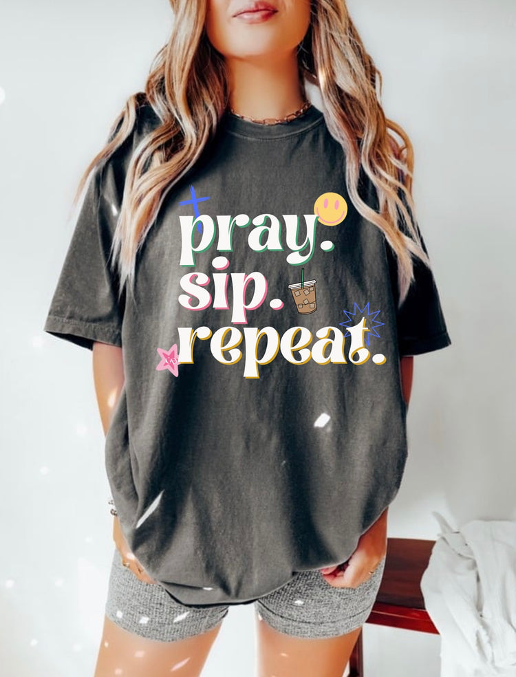 PRAY SIP REPEAT GRAPHIC TEE