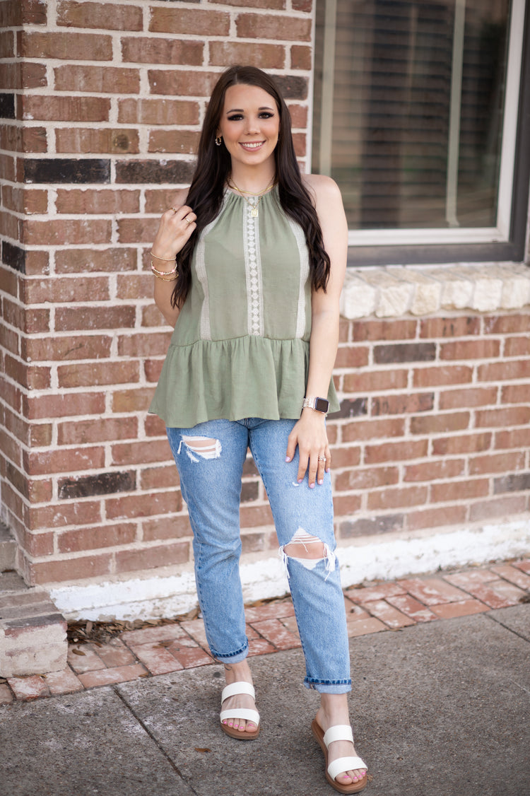 OLIVE YOU EMBROIDERED HALTER TOP