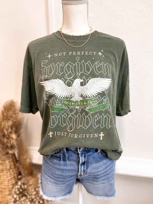 NOT PERFECT JUST FORGIVEN GRAPHIC TEE || MOSS GREEN