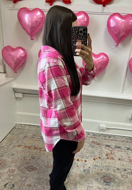 Pink Plaid Button Long Sleeve