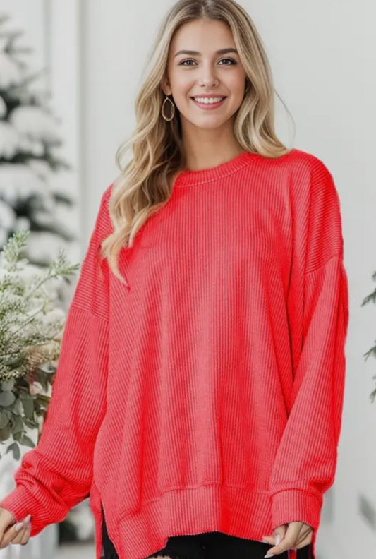 RED OVERSIZED RIBBED PULLOVER