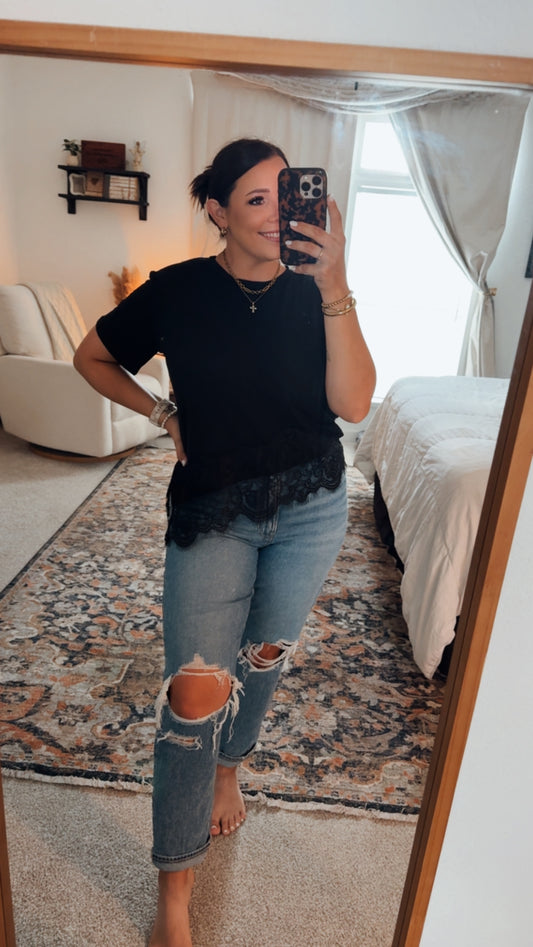 LACE IT UP ASYMMETRICAL TOP || BLACK