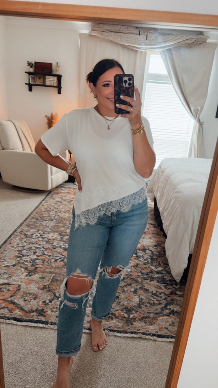 LACE IT UP ASYMMETRICAL TOP || WHITE