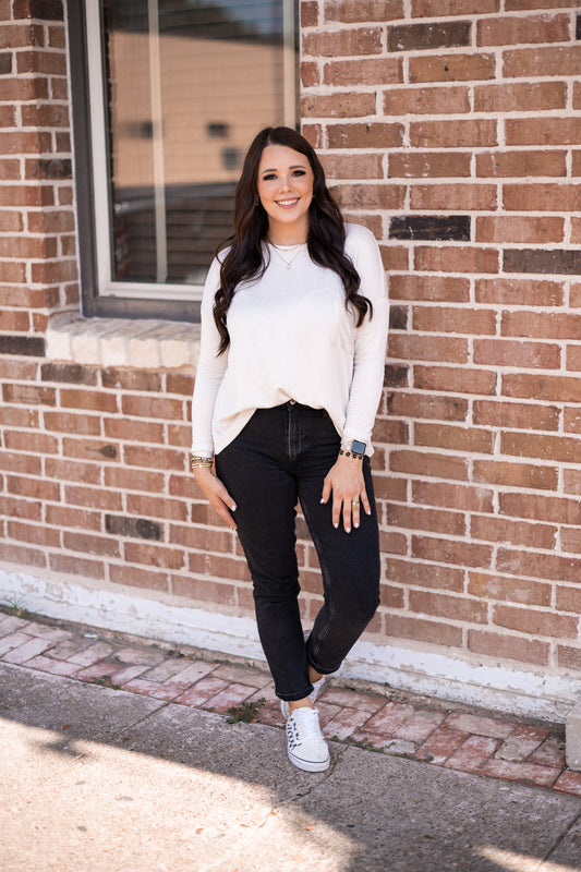 SAND BEIGE RIBBED LONG SLEEVE TOP