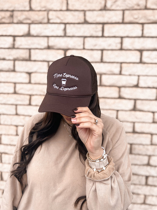 MORE ESPRESSO LESS DEPRESSO TRUCKER HAT