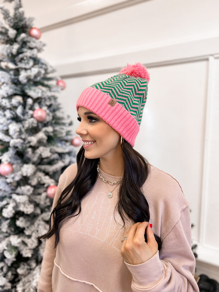 pink + green chevron beanie