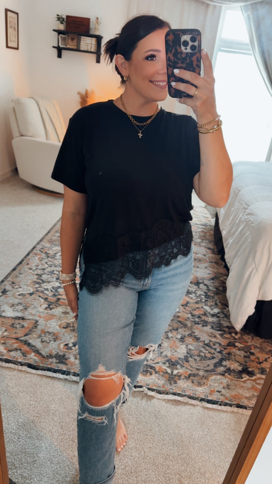 LACE IT UP ASYMMETRICAL TOP || BLACK