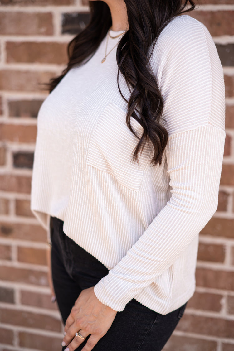 SAND BEIGE RIBBED LONG SLEEVE TOP