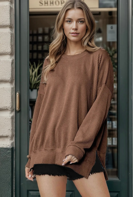 ESPRESSO BROWN OVERSIZED RIBBED PULLOVER